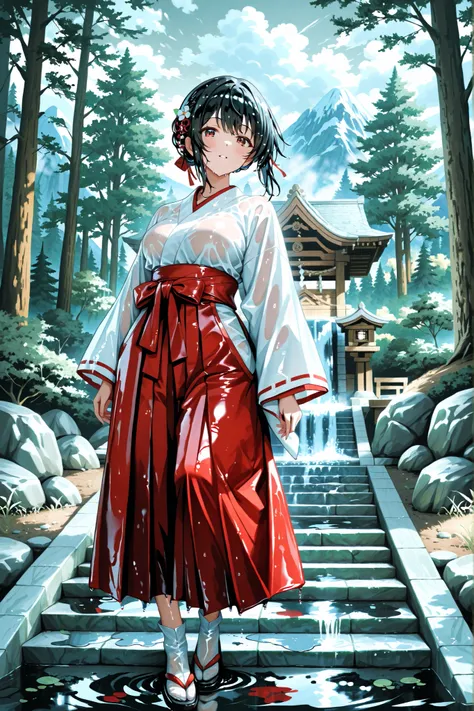 sensual expression、highest masterpiece、top quality、Extremely precise、The precincts of a deep mountain shrine、like a shrine maiden struck by a waterfall with a roar。, glossy wet hair fluttering in the wind、, the pure white juban and red hakama are wet with ...