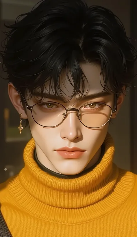 a handsome young man with short black hair,  Hazelnut Eyes, wearing a yellow sweater that covers his neck, and also wearing black glasses, but his lenses are transparent. his features are close to.