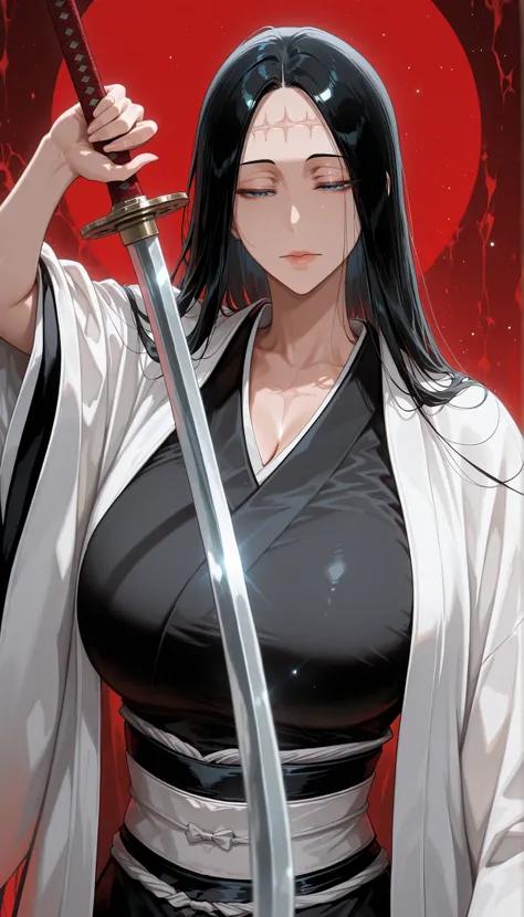 masterpiece, best quality, newest, 1girl, upper body, close-up, 
 unohana_tybw, blue eyes, black hair, very long hair, forehead stitches, straight hair, forehead, black kimono, haori, long sleeves, wide sleeves, expressionless, narrowed eyes, 
large breast...