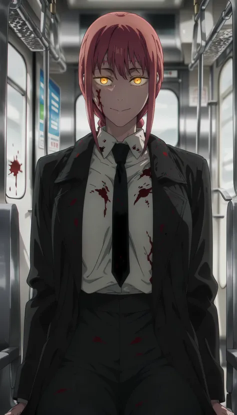 anime coloring, (anime screencap) masterpiece, detailed face,  Makima, 1girl, necktie, blood, blood on clothes, forehead stitches, blood on face, shirt, solo, black necktie, pants, black pants, ringed eyes, (glowing eyes:1.3), looking at viewer, yellow eye...