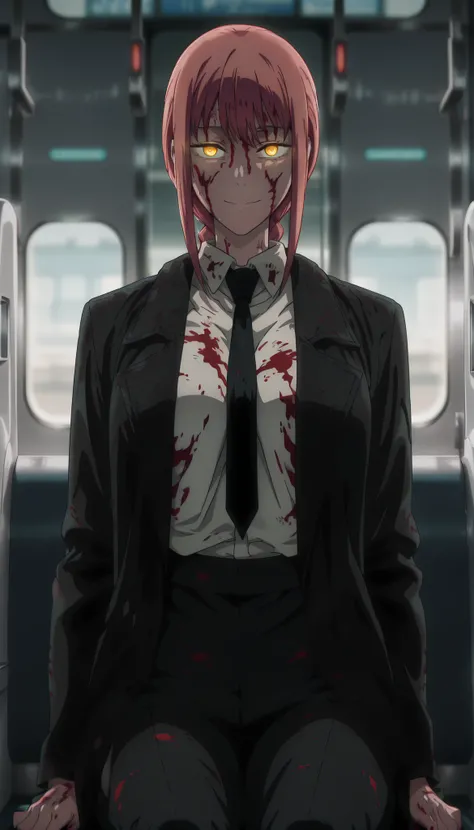 anime coloring, (anime screencap) masterpiece, detailed face,  Makima, 1girl, necktie, blood, blood on clothes, forehead stitches, blood on face, shirt, solo, black necktie, pants, black pants, ringed eyes, (glowing eyes:1.3), looking at viewer, yellow eye...