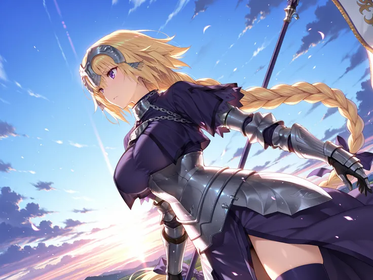 solo,masterpiece,best quality, amazing quality, highres, absurdres, very aesthetic, high resolution, ultra detailed, perfect details,jeanne_d_arc_f-a, 1girl, long hair, blonde hair, thighhighs, armor, braid, gauntlets, headpiece, armored dress, single brai...