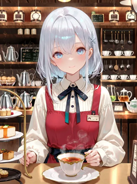 master piece,best quality,ultra detailed,ultra hires,8k,beautiful detailed face,beautiful detailed eyes,tea shop.looking at viewer,long silver hair,cafe staff