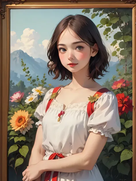 395 ((young woman)),(short hair),(Neat hair),(Ultra High Definition),(floral dress),(Leonardo da Vinci style paintings)