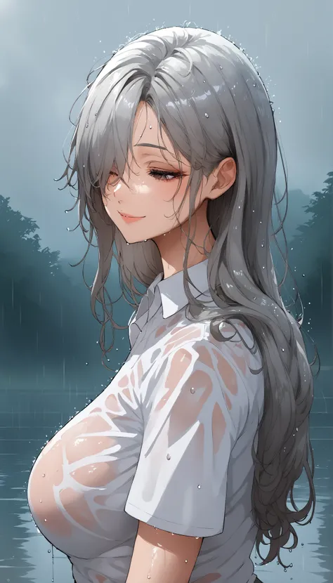 A beautiful woman, Perfect body, huge oppai,Outdoors,Rainy day,Rain, Wearing a long-sleeved white shirt,Wet hair,Wet, grey hair, streaked hair, long hair, hair strand, hair over one eye, wet hair, half-closed eyes, nervous smile, expressionless eyes, chiar...