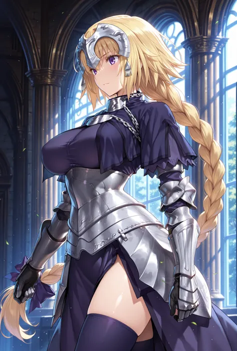 solo,masterpiece,best quality, amazing quality, highres, absurdres, very aesthetic, high resolution, ultra detailed, perfect details,jeanne_d_arc_f-a, 1girl, long hair, blonde hair, thighhighs, armor, braid, gauntlets, headpiece, armored dress, single brai...