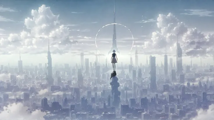 mirage art, white theme, ayanami rei , girl, cyber android, mechanical joint, she ride on back of robot giant, faded city silhouette, faded in distance, dynamic pose, fierce battle, dystopia scenery,cloudy sky, smoke, glow ring in sky that symbolize divine...