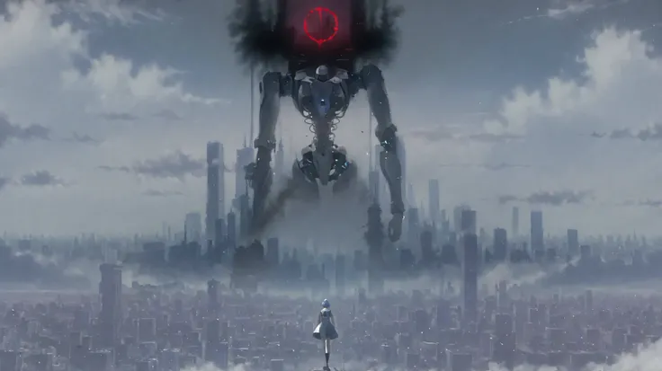 mirage art, white theme, ayanami rei , girl, cyber android, mechanical joint, she ride on back of robot giant, faded city silhouette, faded in distance, dynamic pose, fierce battle, dystopia scenery,cloudy sky, smoke, glow ring in sky that symbolize divine...