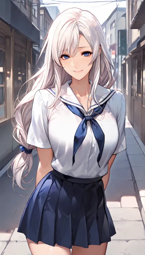 Modern Backgrounds,A female with slim body(older girl),Slim Body,shiny skin,(Wearing A JK skirt),(White school uniform),((Arms behind back)),On the street in a residential area,(White hair,low-tied long hair),Blue Eyes,light smile,slightly tilted forward,U...