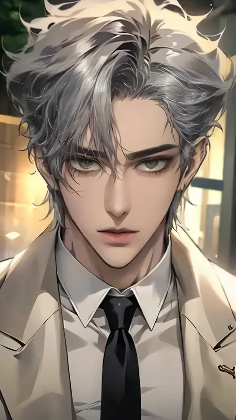 Close-up of a person wearing a suit and tie, comics, delicate and neutral prince, tall anime man with silver hair and golden eyes with piercings, Handsome Prince , Beautiful Prince of Androgenus, 애니메이션 handsome man, very handsome, Cool anime poses, The sh...