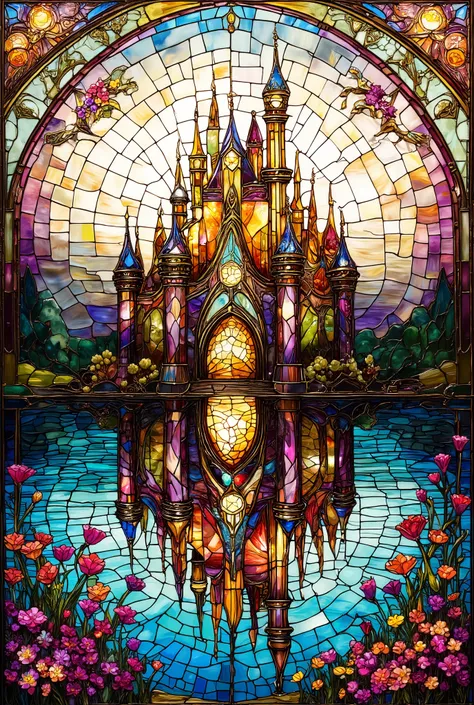 stained glass style Cinderella Castle Lake with Reflections Flower field