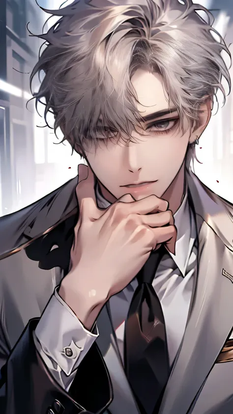 Close-up of a person wearing a suit and tie, comics, delicate and neutral prince, tall anime man with silver hair and golden eyes with piercings,  Handsome Prince , Beautiful Prince of Androgenus, 애니메이션 handsome man, very handsome, Cool anime poses, The sh...