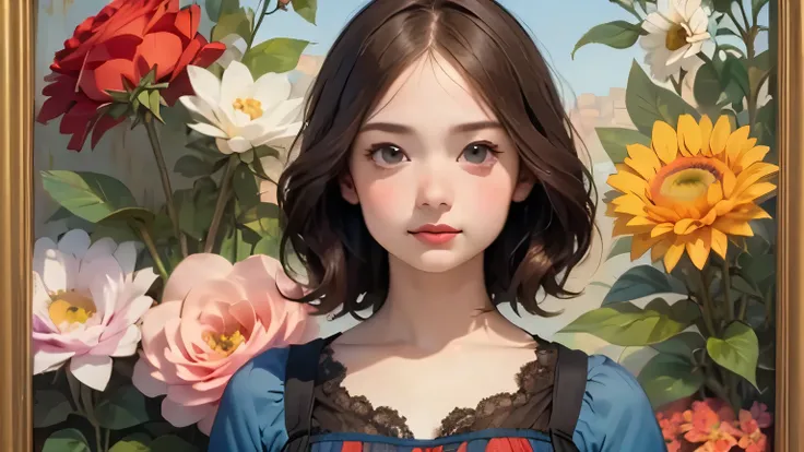 395 ((young woman)),(short hair),(Neat hair),(Ultra High Definition),(floral dress),(Leonardo da Vinci style paintings)