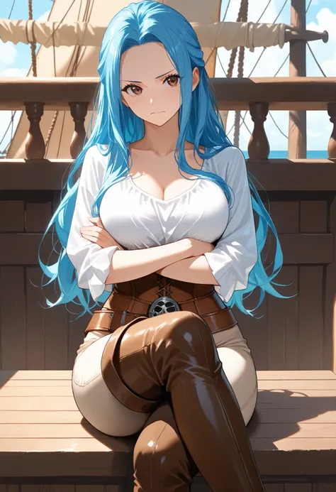 score9_up, score8_up, score7_up, solo, alone, masterpiece, best quality, nefertari-vivi, blue hair, brwon eyes, long hair, brown thigh boots,beige pants, beige tight pants, white shirt, brown belt, brown corset, sitting, crossed legs, crossed arms, on a pi...