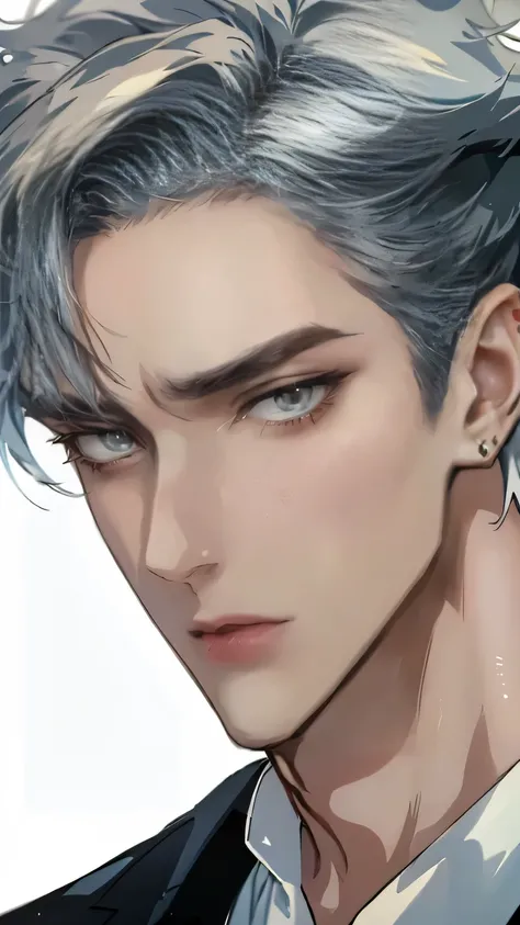 Close-up of a person wearing a suit and tie, comics, delicate and neutral prince, tall anime man with silver hair and golden eyes with piercings, Handsome Prince , Beautiful Prince of Androgenus, 애니메이션 handsome man, very handsome, Cool anime poses, The sh...