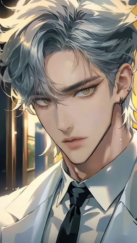 Close-up of a person wearing a suit and tie, comics, delicate and neutral prince, tall anime man with silver hair and golden eyes with piercings, Handsome Prince , Beautiful Prince of Androgenus, 애니메이션 handsome man, very handsome, Cool anime poses, The sh...