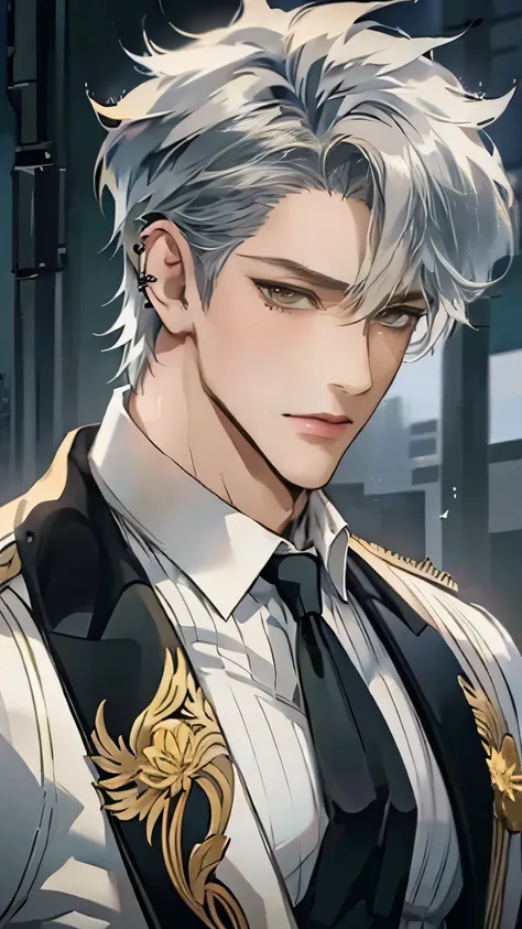 Close-up of a person wearing a suit and tie, comics, delicate and neutral prince, tall anime man with silver hair and golden eyes with piercings, Handsome Prince , Beautiful Prince of Androgenus, 애니메이션 handsome man, very handsome, Cool anime poses, The sh...