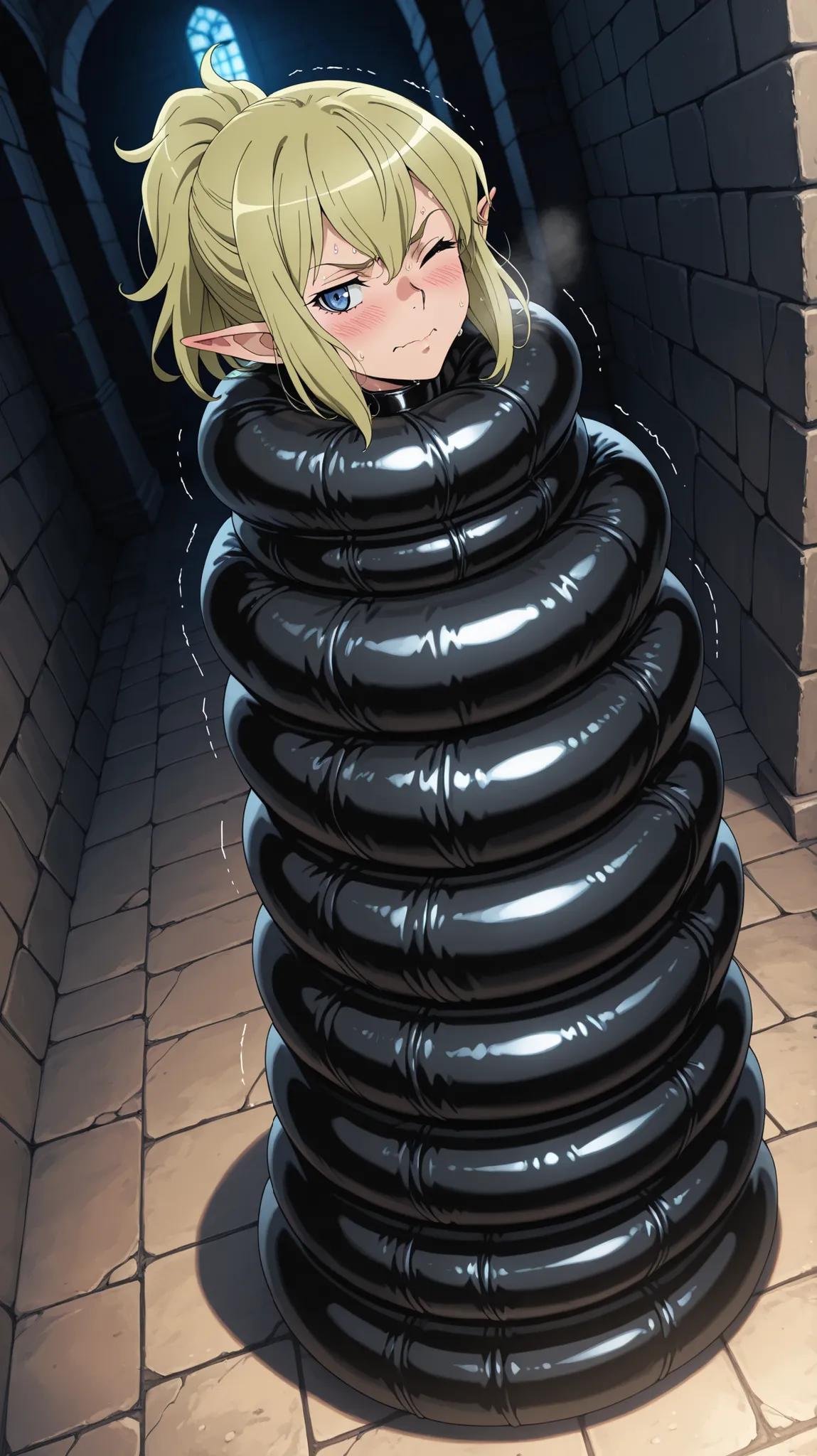 ,DanMachi,ryuu lion, ryu lion, blue eyes, blonde hair, ponytail, pointy ears, elf,

,The body below the neck is not visible, Black rubber tendril, large coiling, large coiling bondage,Coiling only around the body,Shoulder width coiling,The body is covered ...