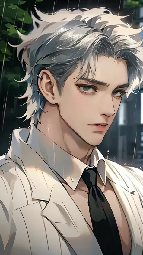 Close-up of a person wearing a suit and tie, comics, delicate and neutral prince, tall anime man with silver hair and golden eyes with piercings, Handsome Prince , Beautiful Prince of Androgenus, 애니메이션 handsome man, very handsome, Cool anime poses, The sh...