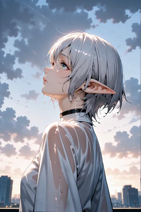 one young woman、 Silver Hair、short hair、elf ears、wet hair、stylish clothes、cloudy、rainy day、 in the heart of the city、look up at the sky、masterpiece、top quality、not fixed:1.5、