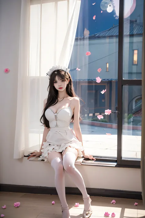 black thighhighs,dress,killer,maid,maid headdress,thighhighs, ,, ((full body:1.4)), ((masterpiece, best quality, ultra highres, realistic:1.4)), (Random shooting Angle), yushuxin,1girl,solo, (I-type Valley), (Perfect curves and sexy and alluring poses), ((...