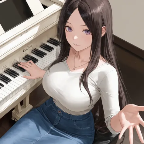 Masterpiece, (((solo))), top quality, ultra high definition, semi-realistic, realistic hair, soft details, realistic eyes, girl, parted bangs,  Big breasts, thin waist, very long denim skirt, looking at the viewer, vocal trainer, very narrow room, digital ...