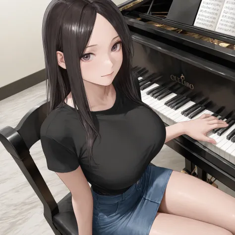 Masterpiece, (((solo))), top quality, ultra high definition, semi-realistic, realistic hair, soft details, realistic eyes, girl, parted bangs,  Big breasts, thin waist, too long denim skirt, looking at the viewer, vocal trainer, very narrow room, digital p...