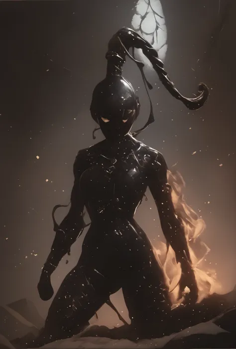Slender latex slime-bodysuit. Black latex slime-skin-suit/synsuit. Black slime monster-girl. Horror. Cute 18-year-old Asian "venom" slimegirl with big Asian red eyes and unnaturally sharp teeth and slime-braid with white highlights. No mouth. She has a cut...