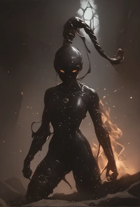 Slender latex slime-bodysuit. Black latex slime-skin-suit/synsuit. Black slime monster-girl. Horror. Cute 18-year-old Asian "venom" slimegirl with big Asian red eyes and unnaturally sharp teeth and slime-braid with white highlights. No mouth. She has a cut...