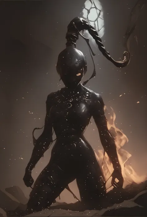 Slender latex slime-bodysuit. Black latex slime-skin-suit/synsuit. Black slime monster-girl. Horror. Cute 18-year-old Asian "venom" slimegirl with big Asian red eyes and unnaturally sharp teeth and slime-braid with white highlights. No mouth. She has a cut...