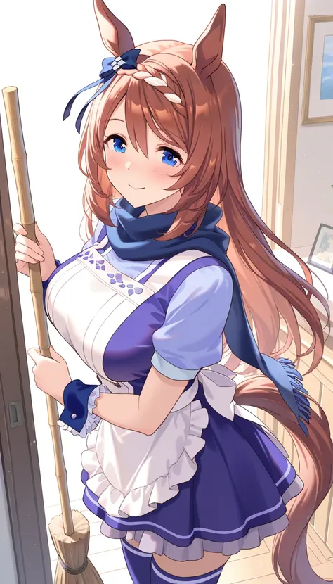 side view、1 woman in the body, Uma Musume's Super Creek（ blue dress ,Apron、 Uma Musume at Work , Horse Tail , blue hair bow , Blue Scarf , blue wrist cuffs , blue thigh high socks）、I'm going to do the cleaning、Peel the floor with a broom､ smiling smile、  slightly raised front ,  soft lighting, home interior decoration, Soft Atmosphere, Warm expression, Close Range, Intimate moments, Super Detailed, masterpiece, best quality, 