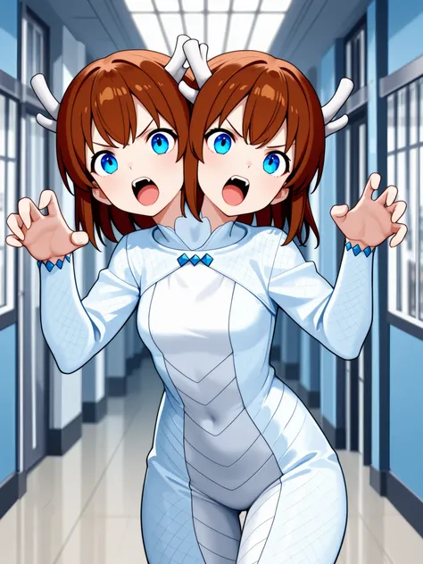 two heads, anime girl with two heads, brown hair, blue eyes, clawed hands, roaring, playful pose, white dragon girl costume, convention center hallway
