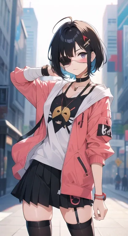 Female Middle School Students　Funny eyepatch　I forgot how to wear a bandage around my arm　Chuunibyou　　Black Hair Shortcut