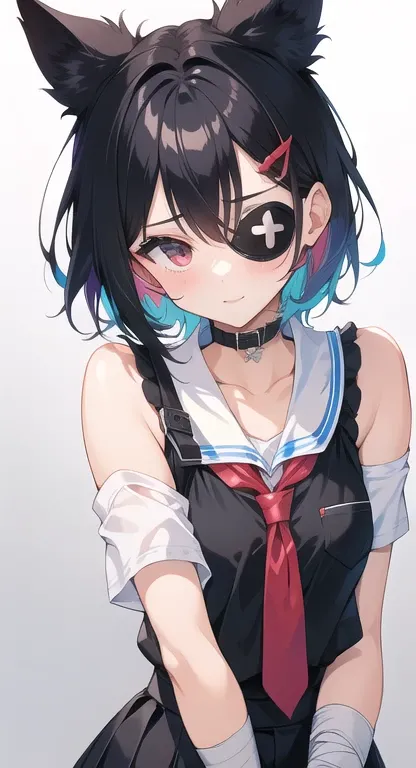Female Middle School Students　Funny eyepatch　I forgot how to wear a bandage around my arm　Chuunibyou　　Black Hair Shortcut