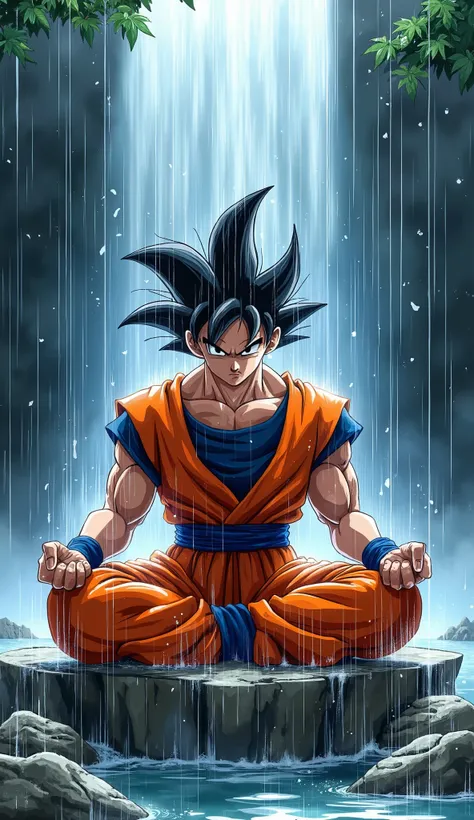 Generate a masterpiece solo anime character Son Goku from Dragon Ball Z, sitting under a waterfall on a stone to meditate and hair and clothes got wetted by the falling water of waterfall and he trying to relax his mind while closing his eyes 
