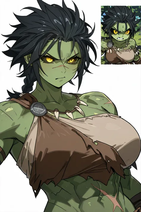 Orc female, short hair, black hair, spiky hair, hair up, short hair, low braid, scar on belly, combed hair, yellow eyes, green skin, flat coloring, 2d coloring, muscular body, glowing pupils, black sclera, large breasts, highly detailed, detailed eyes, tri...