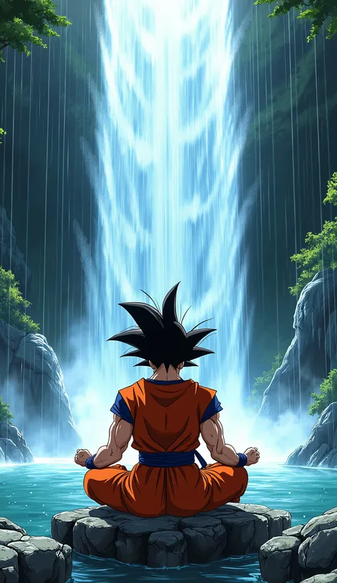 Generate a masterpiece solo anime character Son Goku from Dragon Ball Z, sitting under a waterfall on a stone to meditate and hair and clothes got wetted by the falling water of waterfall and he trying to relax his mind while closing his eyes 