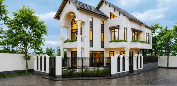 Raw photo,Masterpiece, high quality, best quality, authentic, super detail,
exterior, outdoors, house style indochine on the street ,aiaigroup
road,pavement, grass, trees, sky, cloud, (day:1.1)