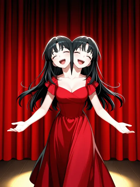 two heads, anime girl with two heads, long black hair, bangs, closed eyes, open mouth, happy, singing, arms outstretched, hands facing outward, cleavage, red dress, walking through a red curtain, theater stage, spotlight, dark backdrop, text: "Twice the Lo...