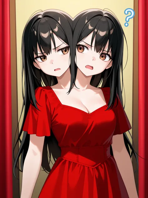 two heads, anime girl with two heads, long black hair, brown eyes, open mouth, talking to herself, questioning, tired, confused, irritated, cleavage, red dress, theater dressing room
