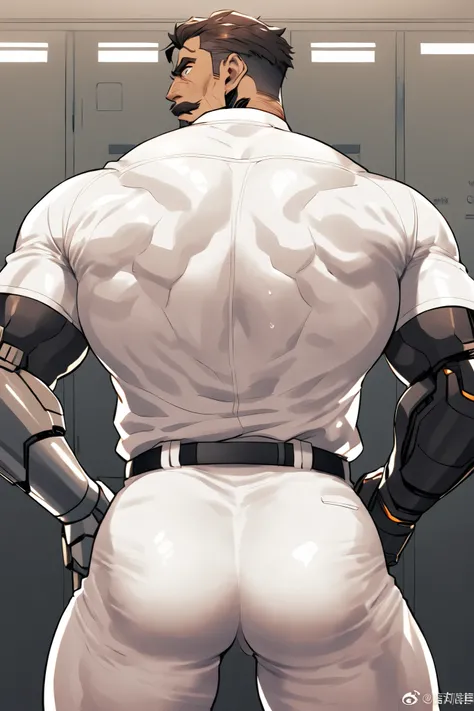 A middle-aged cyborg man, Detailed face, Captivating look, moustache, Masculine face, Muscular body, Prominent veins, wearing baseball uniform, Bending over with his butt facing me, baseball club coach,locker room, sweaty body, alone, only a man, Captivati...