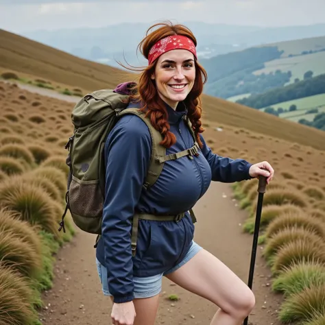 Photorealistic close-up shot, Margaret hiking up a Welsh hillside, midday, windbreaker jacket and denim shorts, backpack, hair flowing in the wind. Smiling to the camera, bandana. Hiking stick. Rough and beautiful landscape.