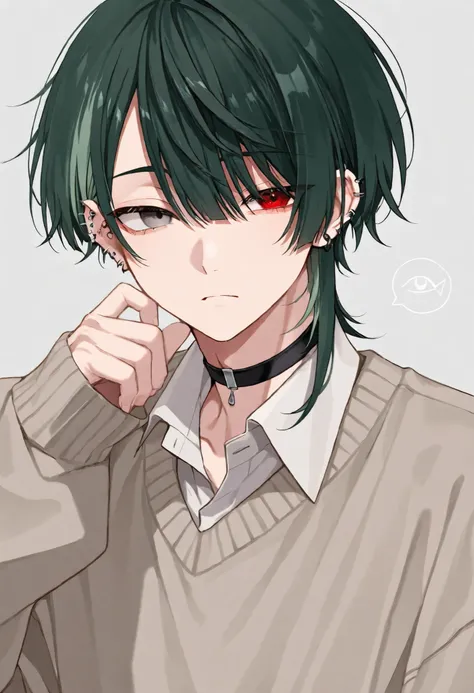 1men、dark green hair、asymmetrical hairstyle、Right eye is red、Left eye is gray、red-gray eyes、Odd Eye、heterochromia、piercings、choker、I can&#39;t see through it、upper body、school、uniform、Light brown clothes、sweater