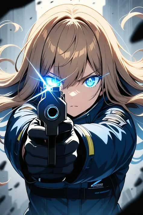 1girl, aiming at viewer, aiming, solo, weapon, gun, glowing, holding, long hair, holding weapon, blue eyes, blurry, looking at viewer, holding gun, brown hair, hair between eyes, depth of field, bangs, rifle, blonde hair, jacket, upper body, glowing eyes, closed mouth, glowing eye, gloves, long sleeves, floating hair, glint