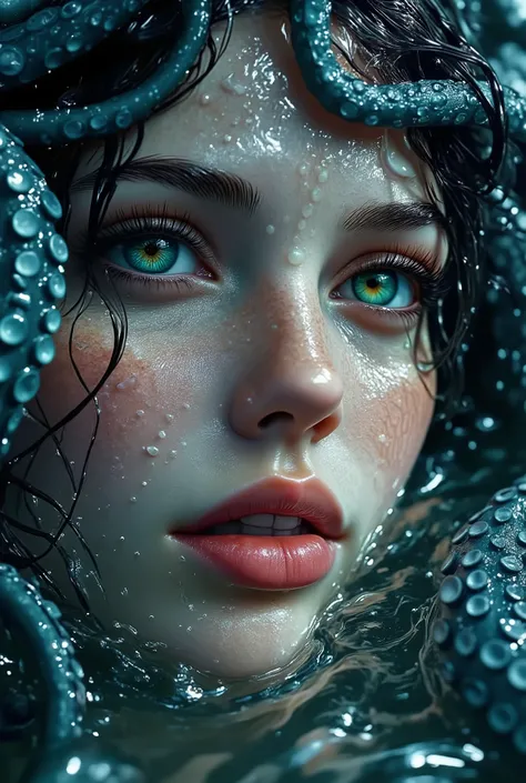Piercingly sharp style, animangi, 3pic_vist4, A pair of beautiful shining turquoise eyes framed by thick and very long wet eyelashes appears directly above the midnight surface of the ocean, framed by tangled wet long black hair and wet tentacles of a gian...