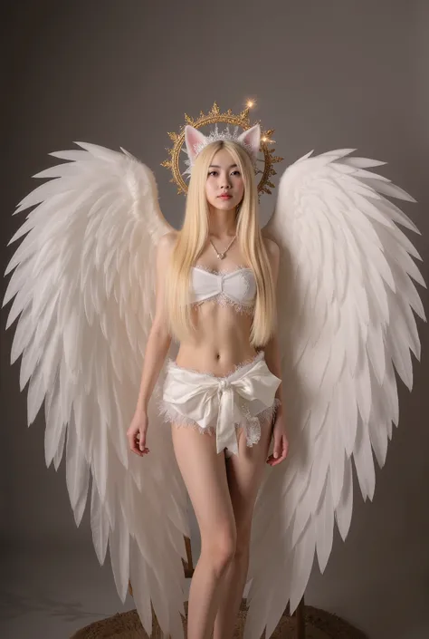 A Beautiful Cat Angel Girl Having big wings, firefly's, magical light, minimal clothing, She is wearing atube top and a Japanese mini skirt, thick thigh, thick thigh, bare foot, magical, cat ears, cat furrs