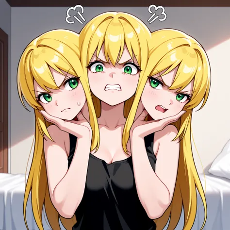 three heads, anime girl with three heads, blonde hair, green eyes, angry, frustrated, fighting with herself, arguing, tugging in different directions, pushing against herself, hands against own cheeks, black tank top, bedroom