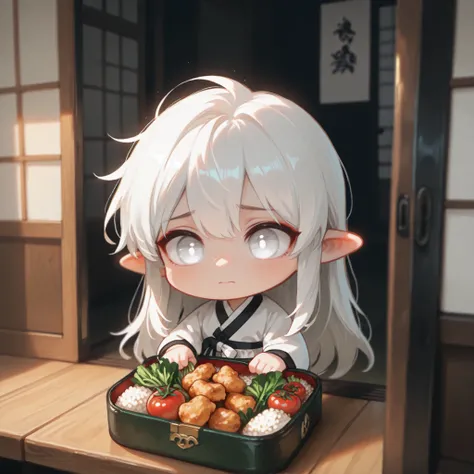 (masterpiece, high quality, ultra-detailed), chibi, solo, 1 boy, close-up, cinematic lighting, dramatic,
male fairy, handsome, long hair, hip-length hair, white hair, white eyes with black outlines, detailed eyes, soft smile, traditional korean male outfi...