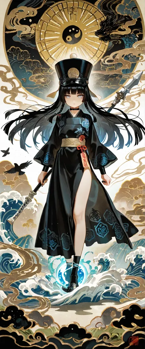 1girl, light lavender eyes, jitome, black Hair, blunt bangs, hime cut, small chest, big hat, black clothes, high waist, long Side slit skirt, Choker, bare legs, socks, black nails, flower pattern, masterpiece, best quality, Perfect details, perfect composi...