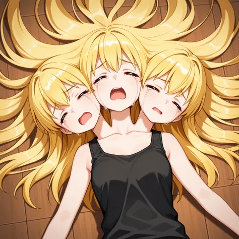 three heads, anime girl with three heads, long blond hair, eyes closed, open mouth, crying, lying on the floor, black tank top, arms spread out, view from above